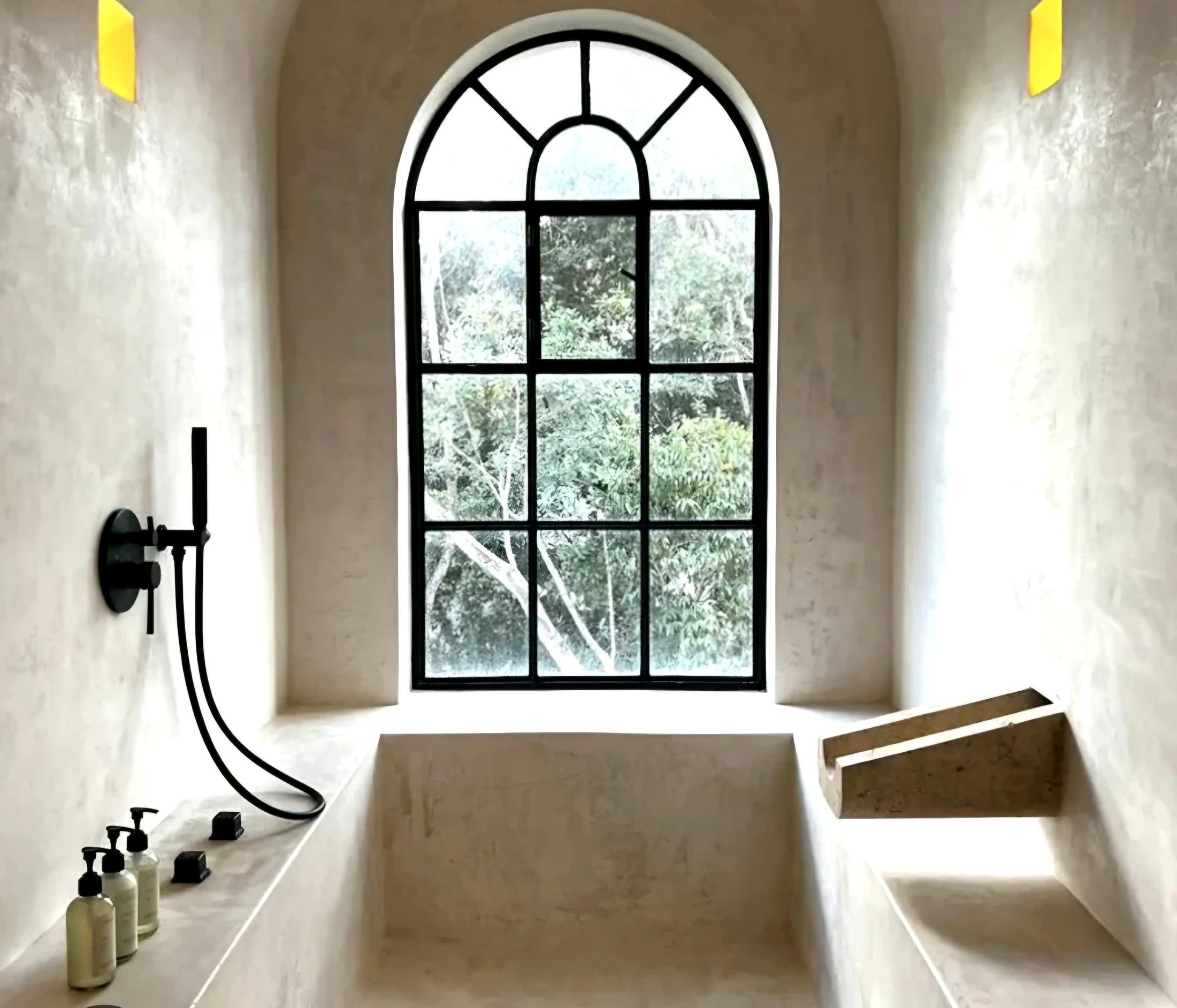 Baño revestido con Chukun y ventana arqueada
